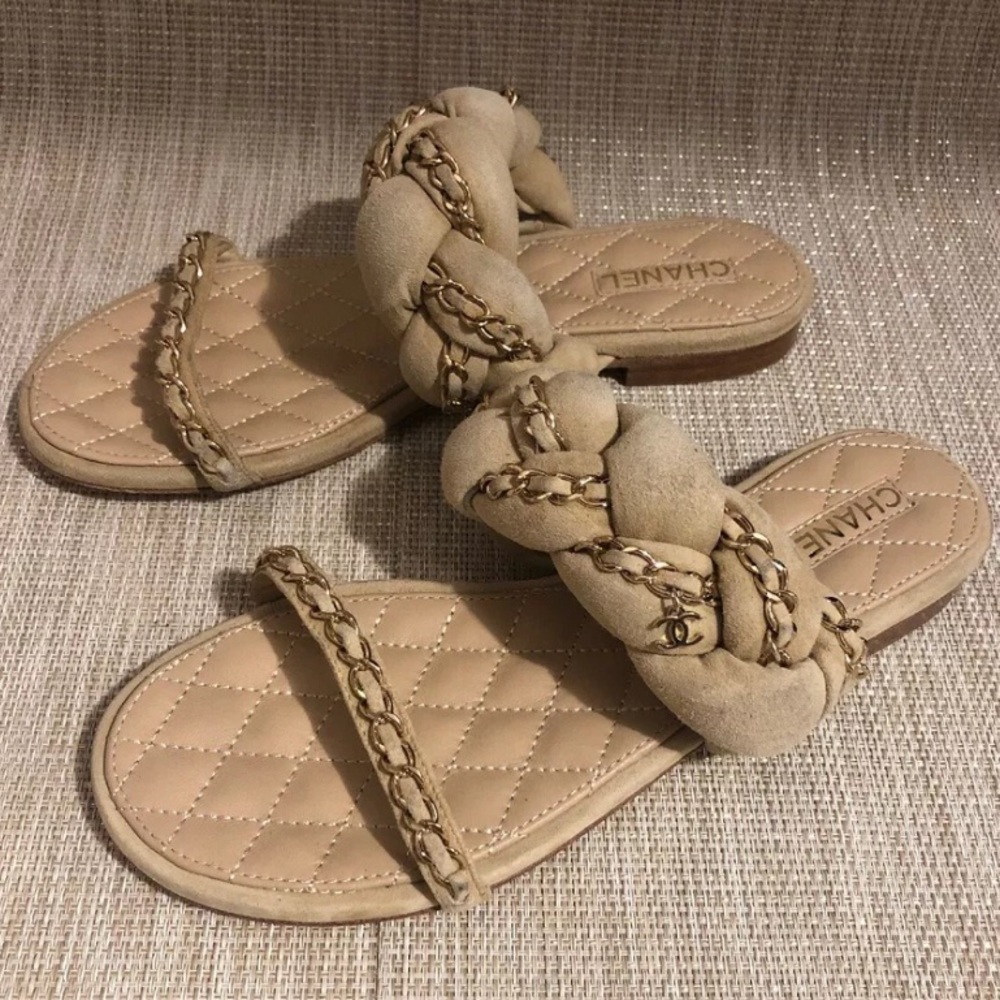 CHANEL Beige Braided Suede Leather Sandals 37Eu